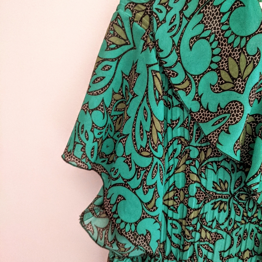 Teal Brown Pleated Ruffle Flutter Sleeve Top 1X